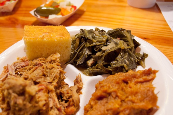 Melvin' pork plate with collards and sweet potato souffle